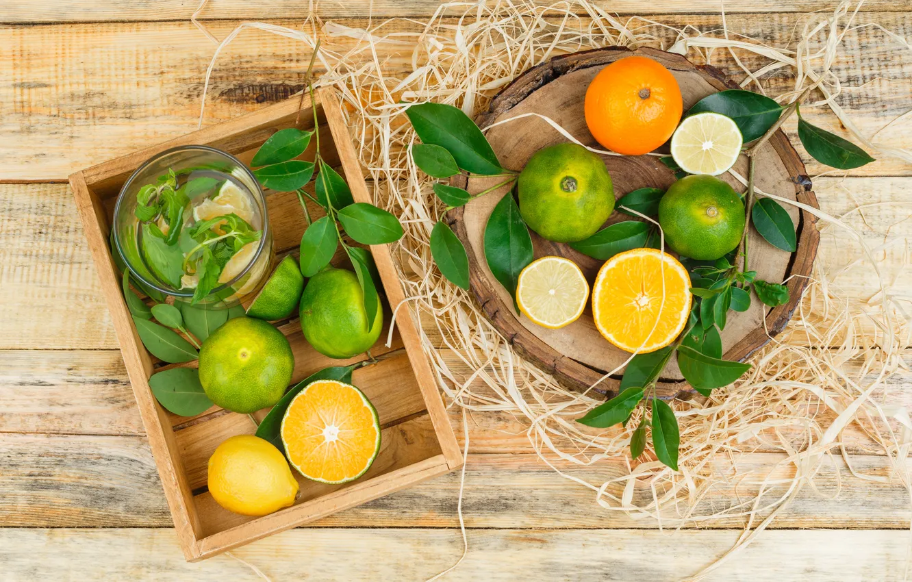 Photo wallpaper lemon, oranges, lime, box, citrus