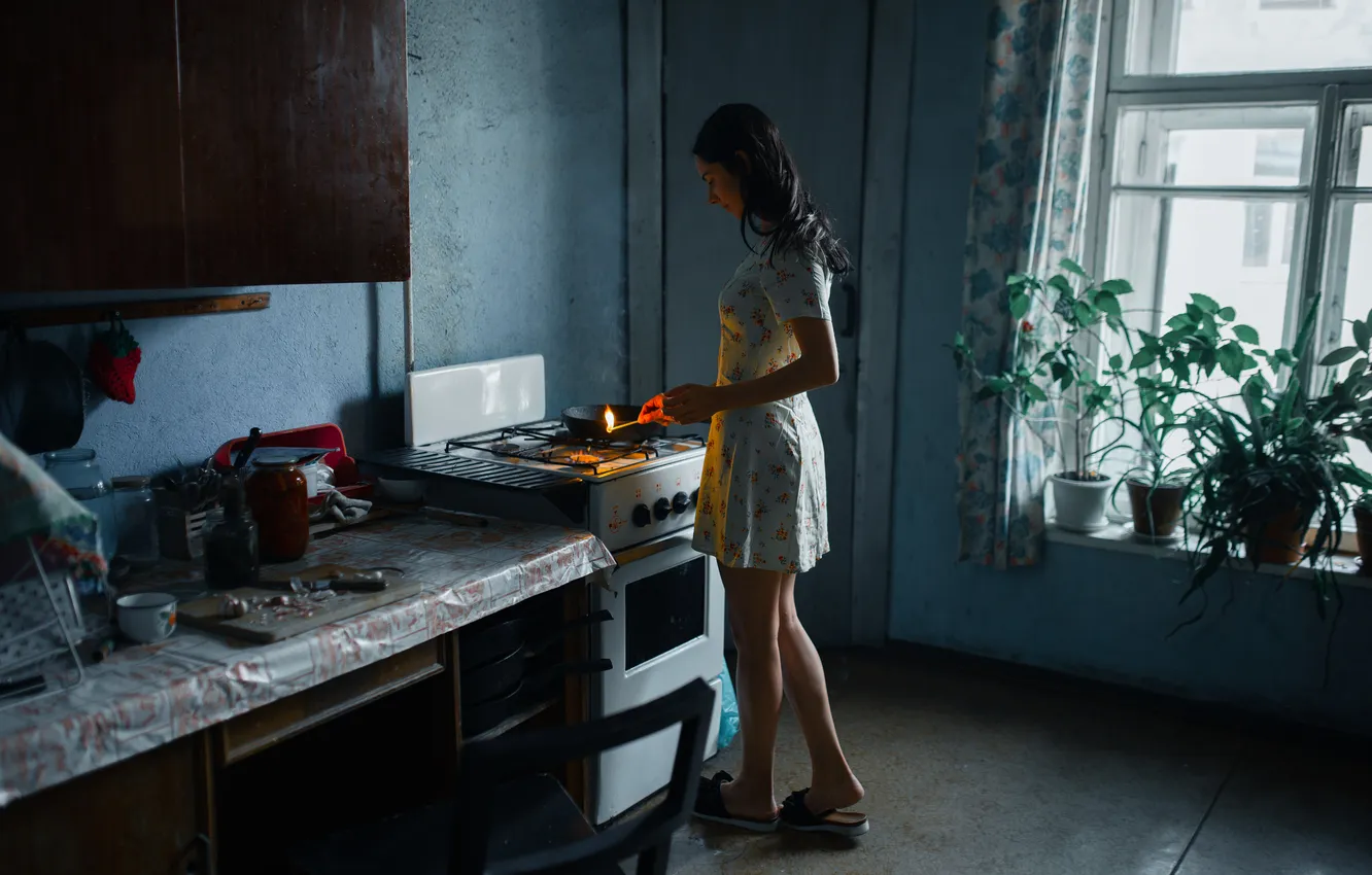 Photo wallpaper girl, window, plate, Alexander Strelkov, in a communal apartment