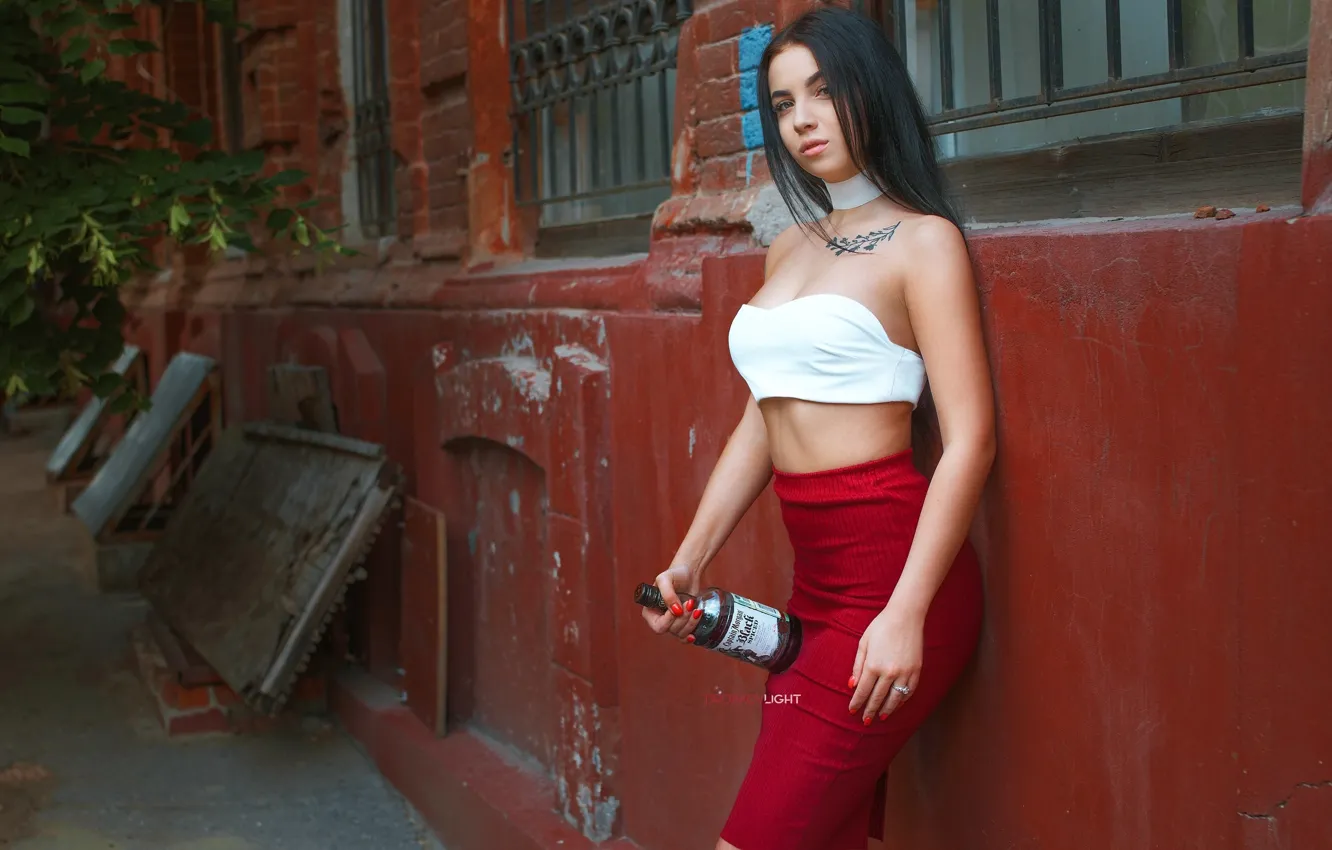 Photo wallpaper look, red, sexy, pose, wall, model, bottle, skirt