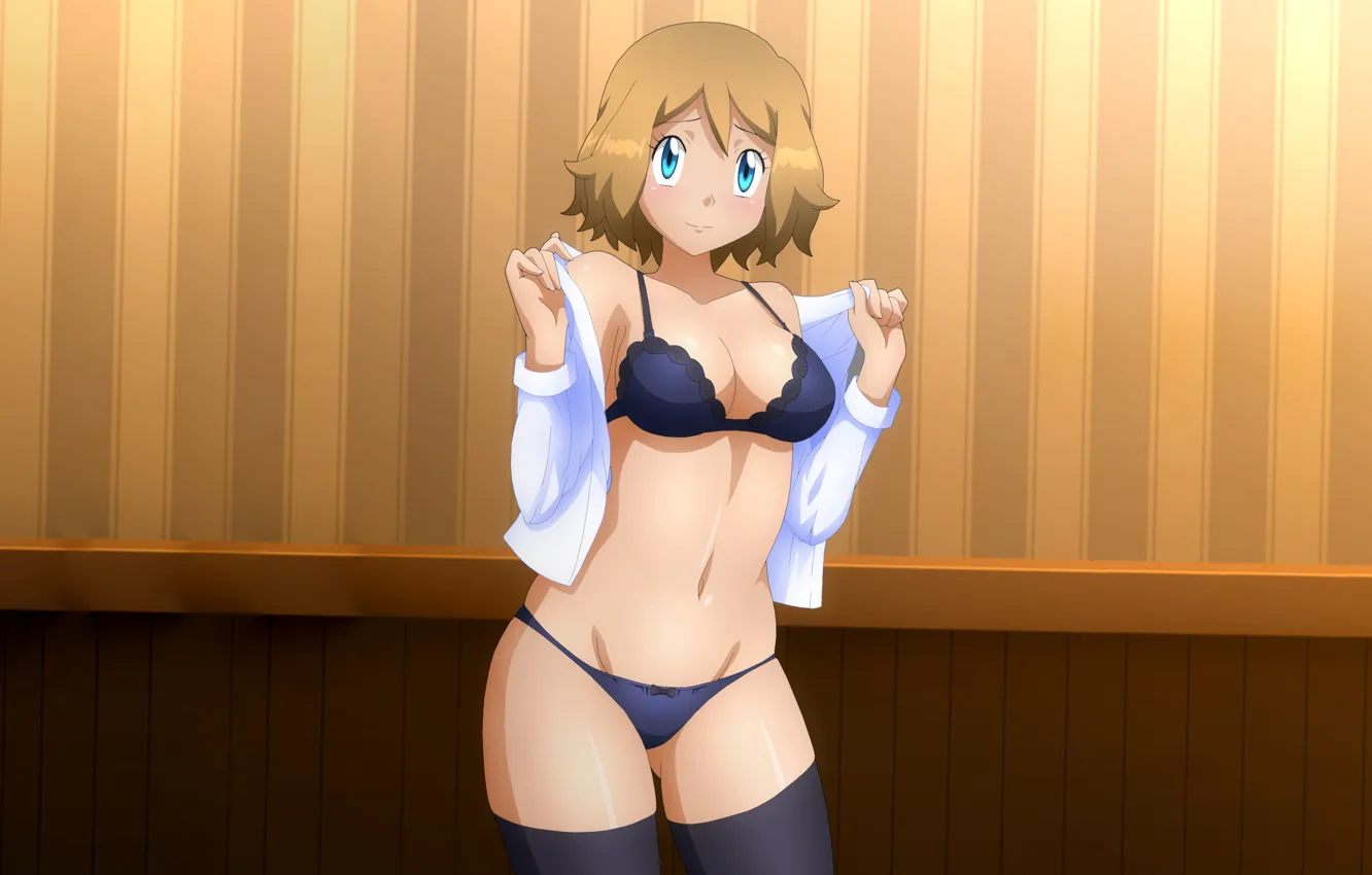 Photo wallpaper girl, sexy, lingerie, bra, cleavage, panties, thighhighs, boobs