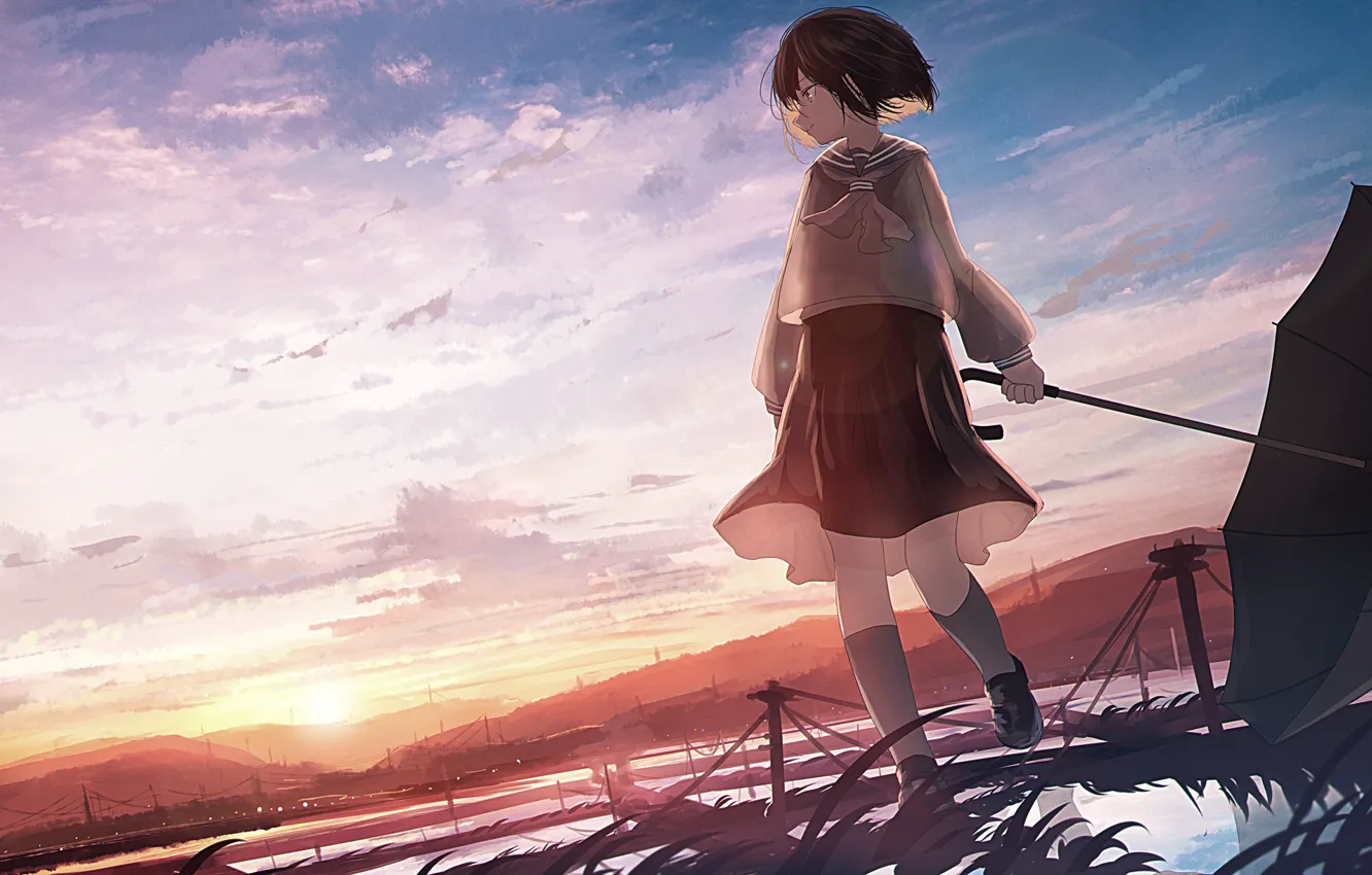 Photo wallpaper the sky, girl, the evening, anime, morning, art