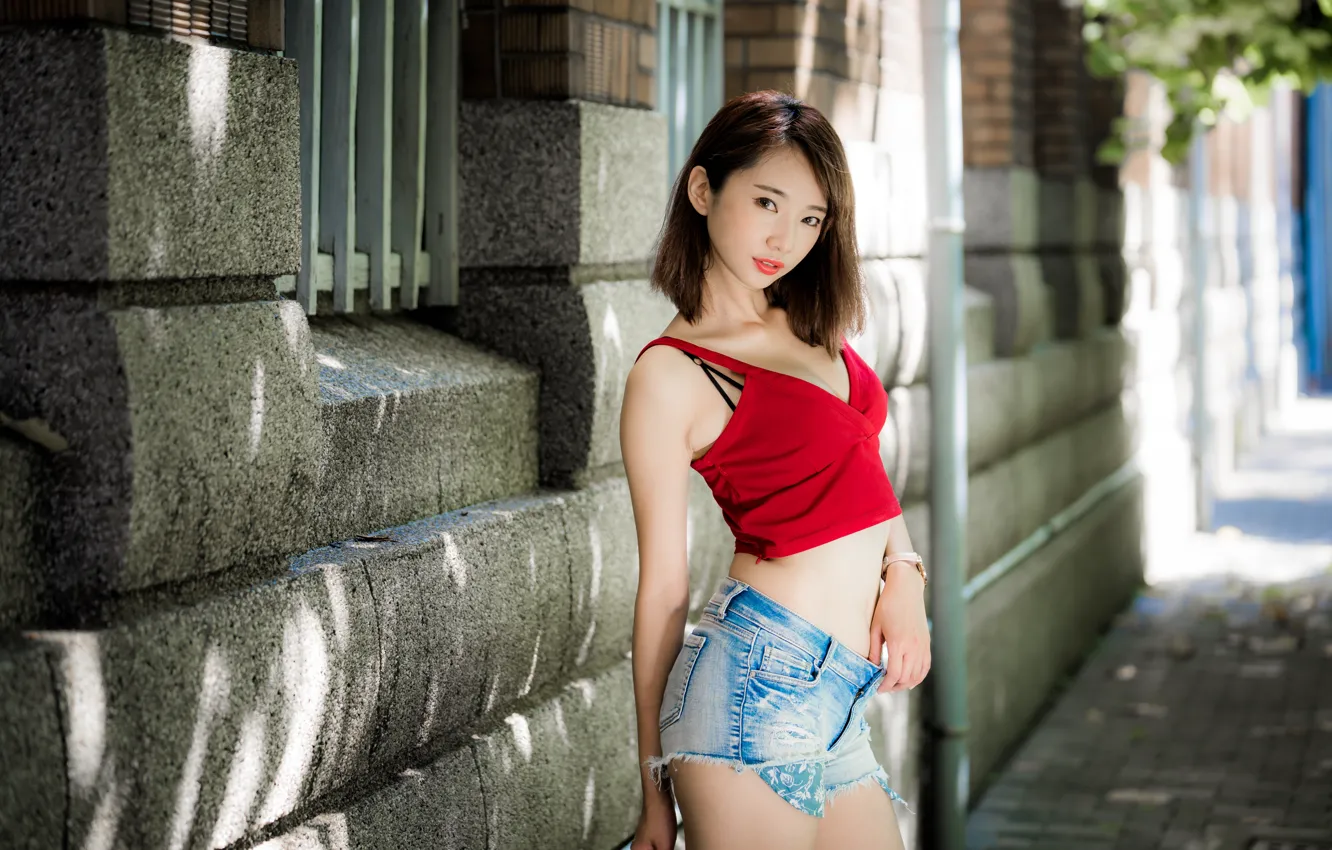 Photo wallpaper girl, cleavage, Asian, shorts, legs, breast, photo, model