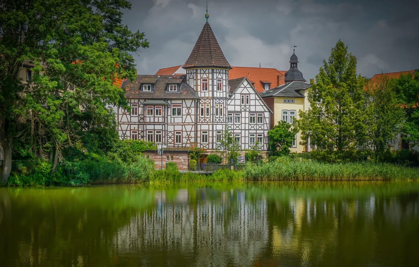 Photo wallpaper trees, house, river, the building, Germany, Germany, Thuringia, Thuringia