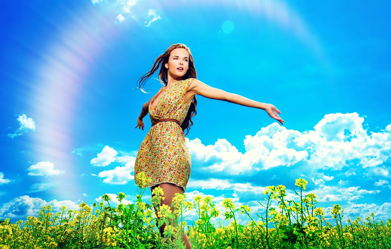 Photo wallpaper the sky, girl, clouds, nature, rainbow, brown hair, wildflowers