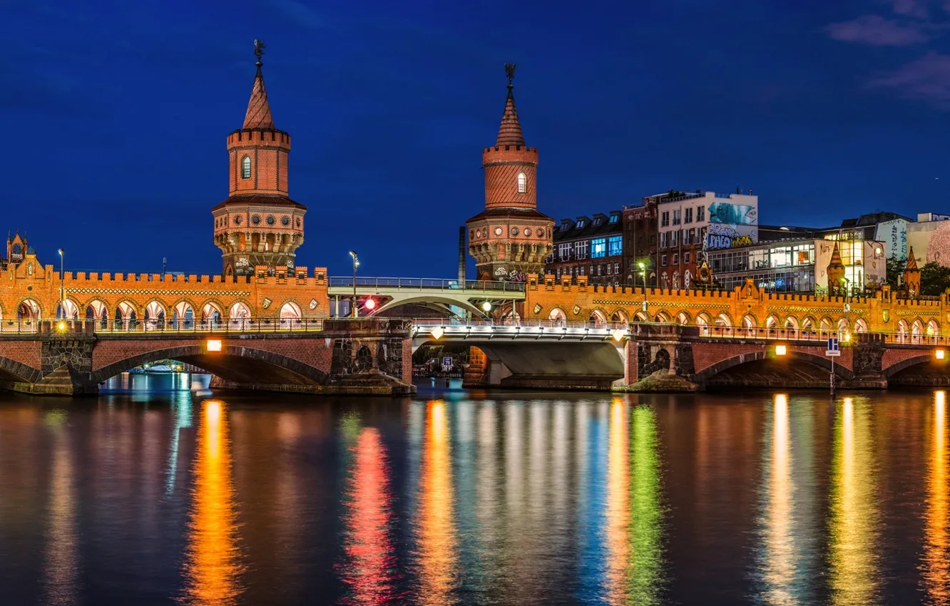 Photo wallpaper road, bridge, the city, lights, river, Germany, lighting, backlight
