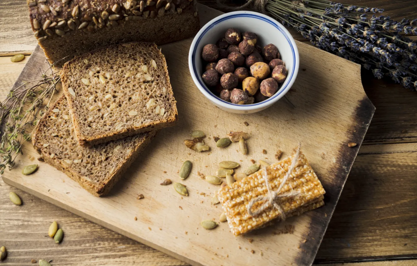 Photo wallpaper food, bread, nuts, cakes, cutting Board