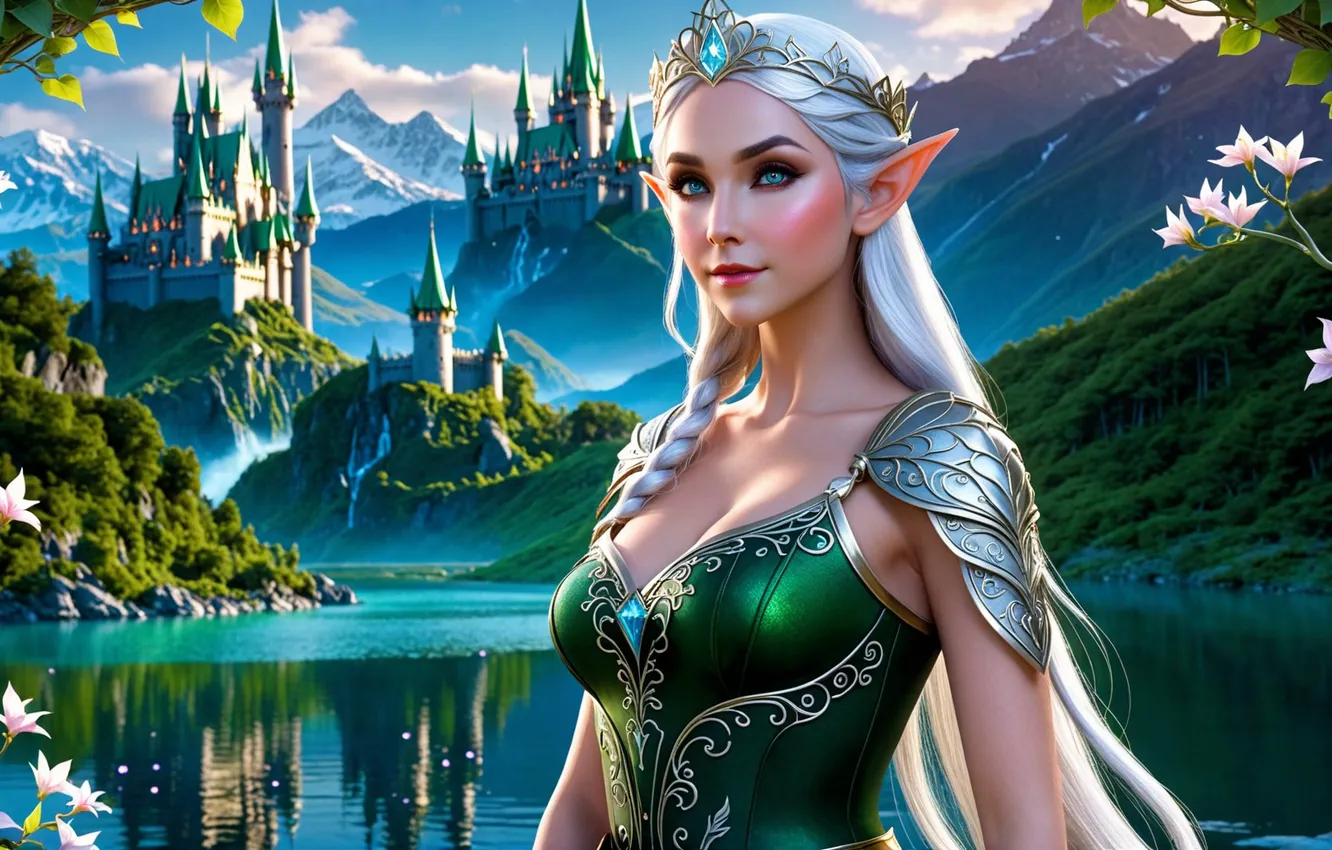 Photo wallpaper girl, landscape, flowers, mountains, lake, castle, elf, elf
