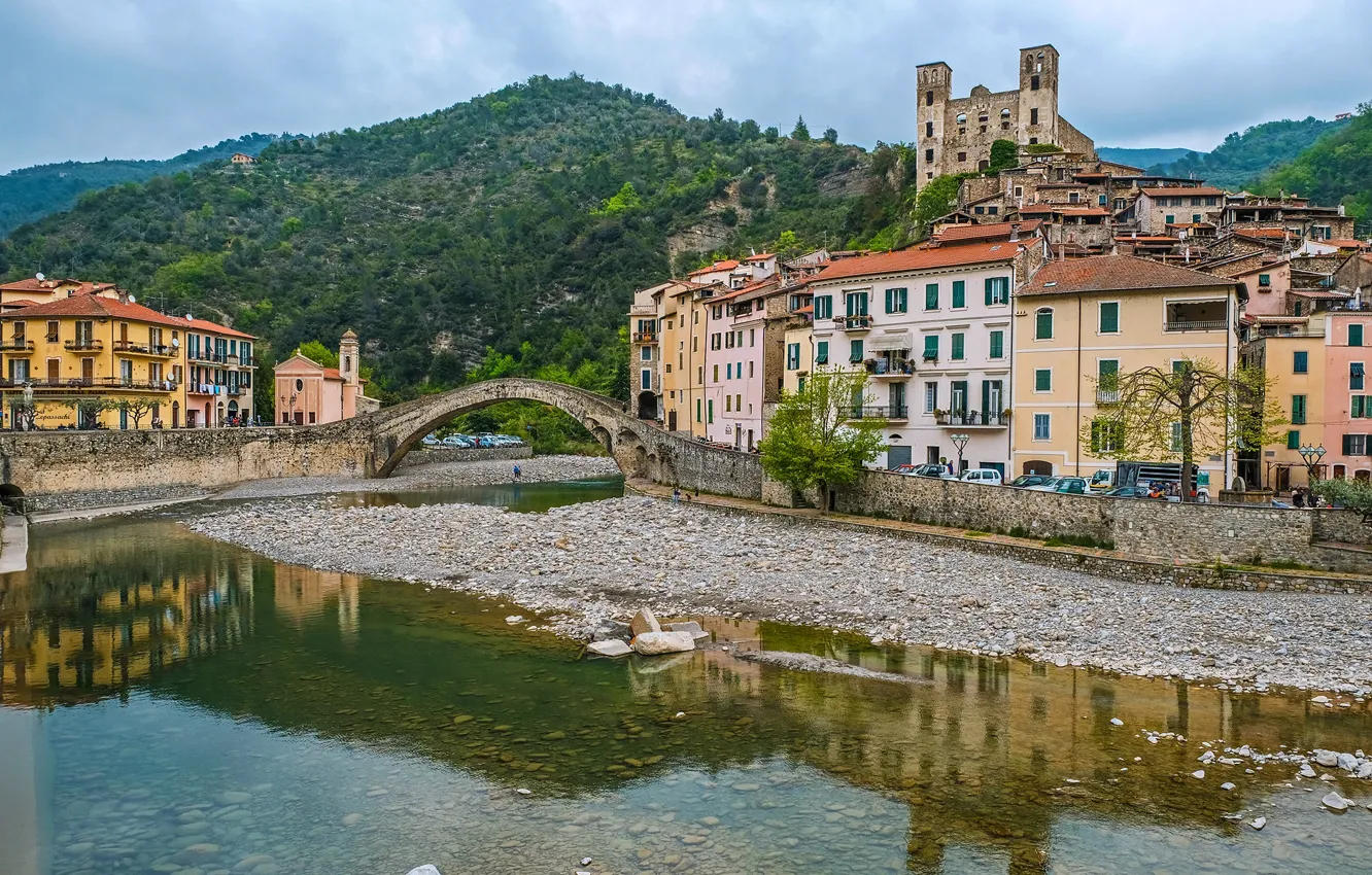 Photo wallpaper forest, clouds, trees, mountains, bridge, stones, rocks, home
