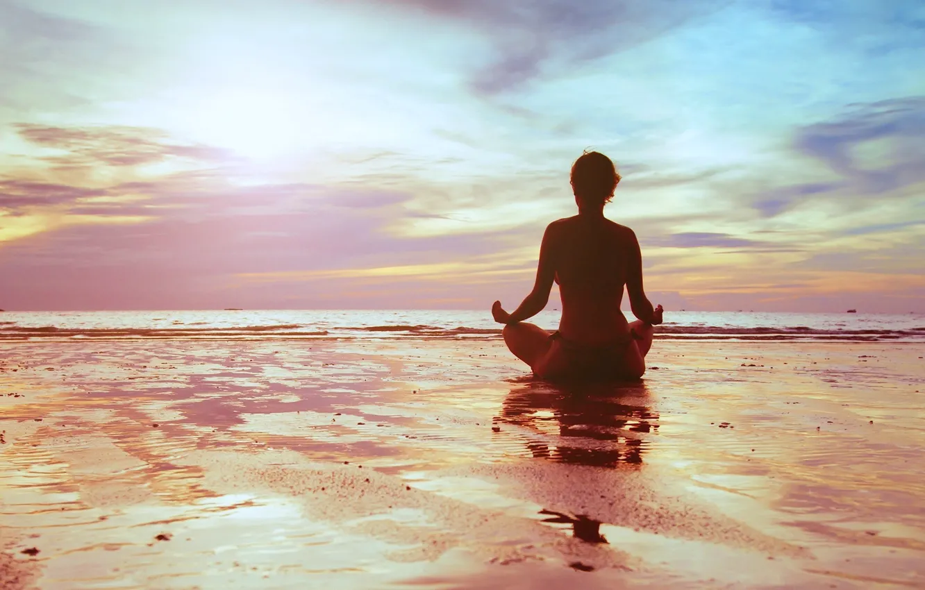 Photo wallpaper sea, girl, sunset, meditation, meditation