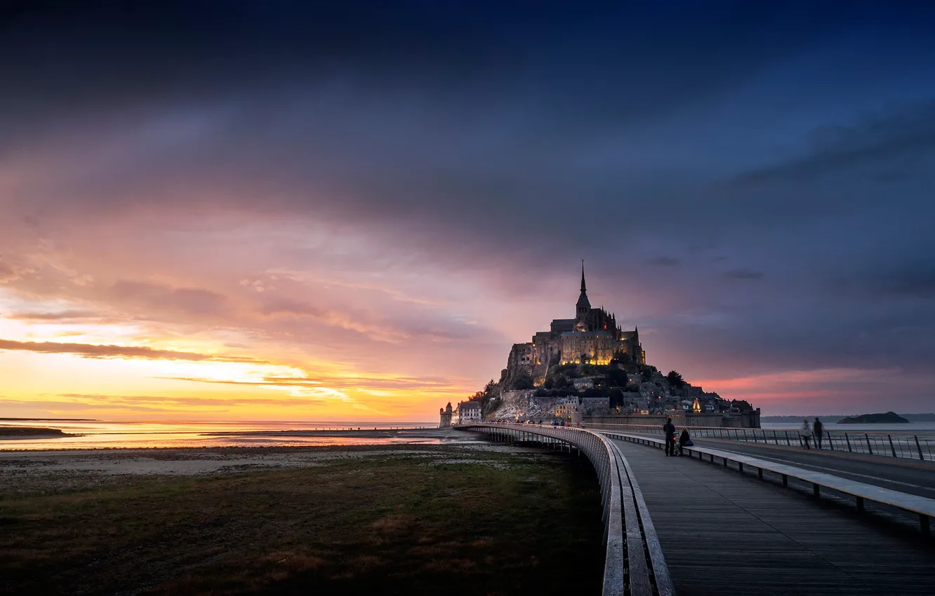 Photo wallpaper sunset, bridge, rock, France, fortress, France, Normandy, Normandy