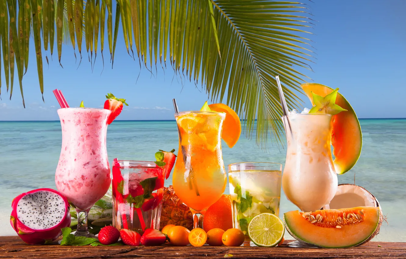 Photo wallpaper sea, berries, palm trees, cocktail, citrus, mint, tube