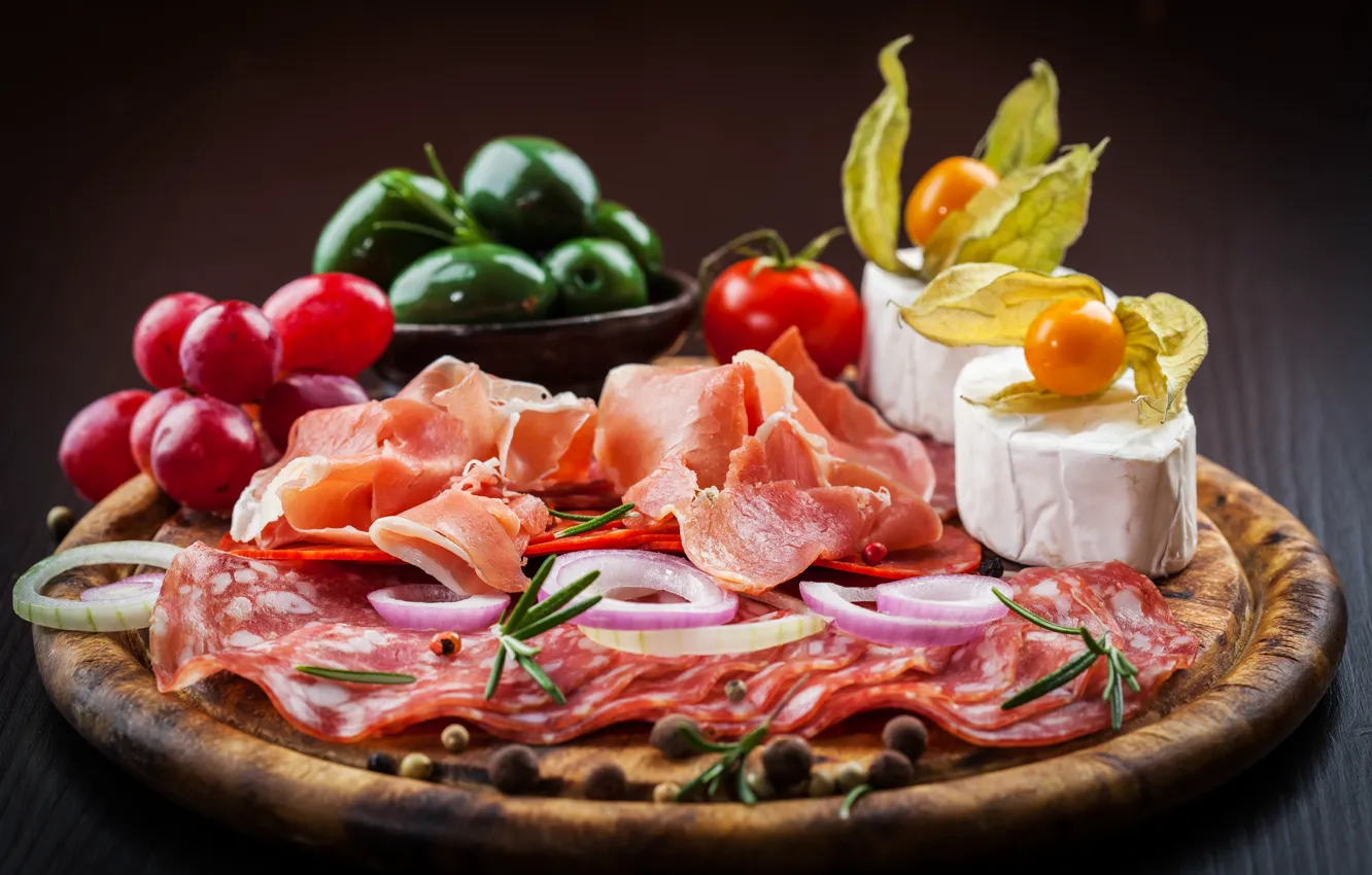 Photo wallpaper photo, food, cheese, still life, vegetables, sausage, ham