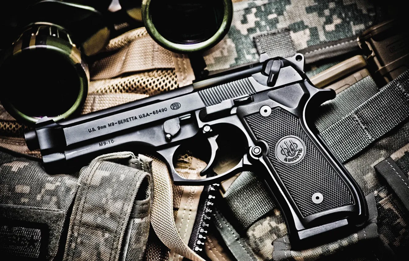 Photo wallpaper gun, binoculars, Beretta M9, ammunition equipment, bokeh wallpaper, caliber 9x19 mm Parabellum, semi-automatic Beretta M9