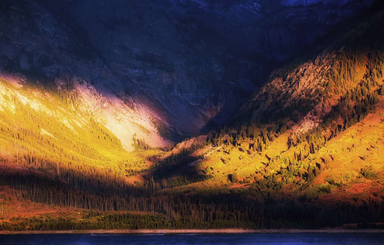Photo wallpaper autumn, forest, water, light, mountains, nature