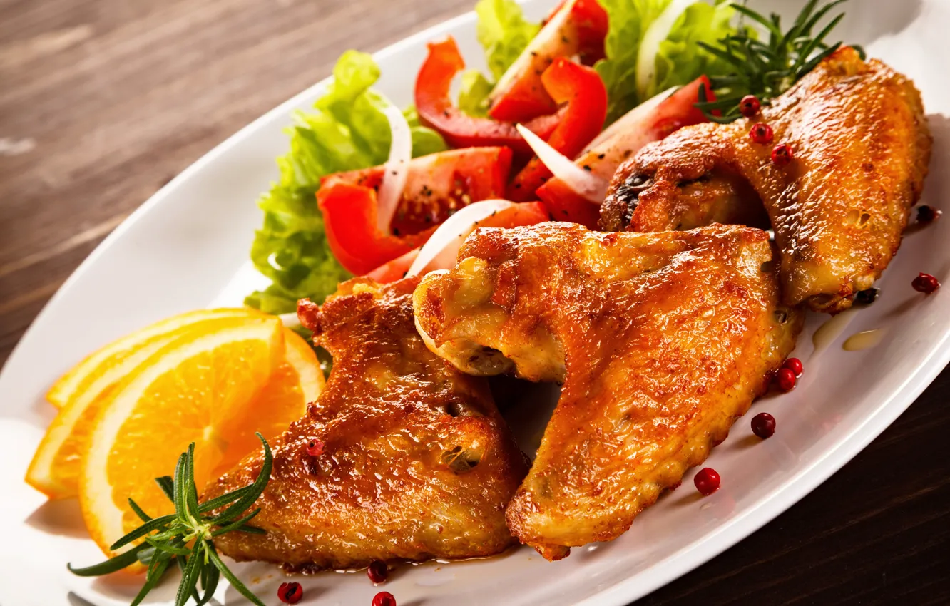 Photo wallpaper chicken, pepper, meat, Roast, orange, plate, tomato, spices