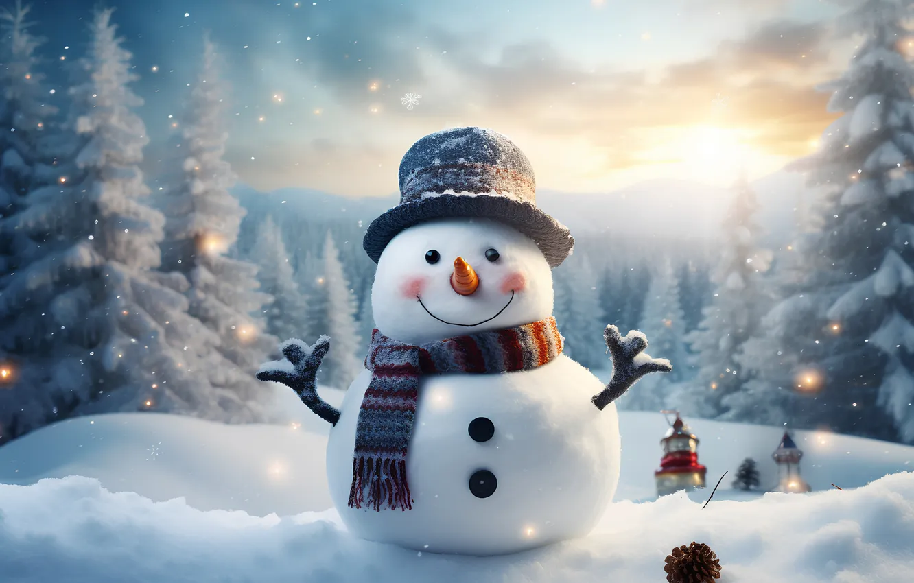Photo wallpaper winter, snow, Christmas, New year, snowman, Christmas, winter, snow