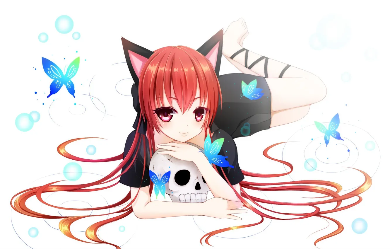 Photo wallpaper look, girl, smile, butterfly, skull, neko, ears, touhou