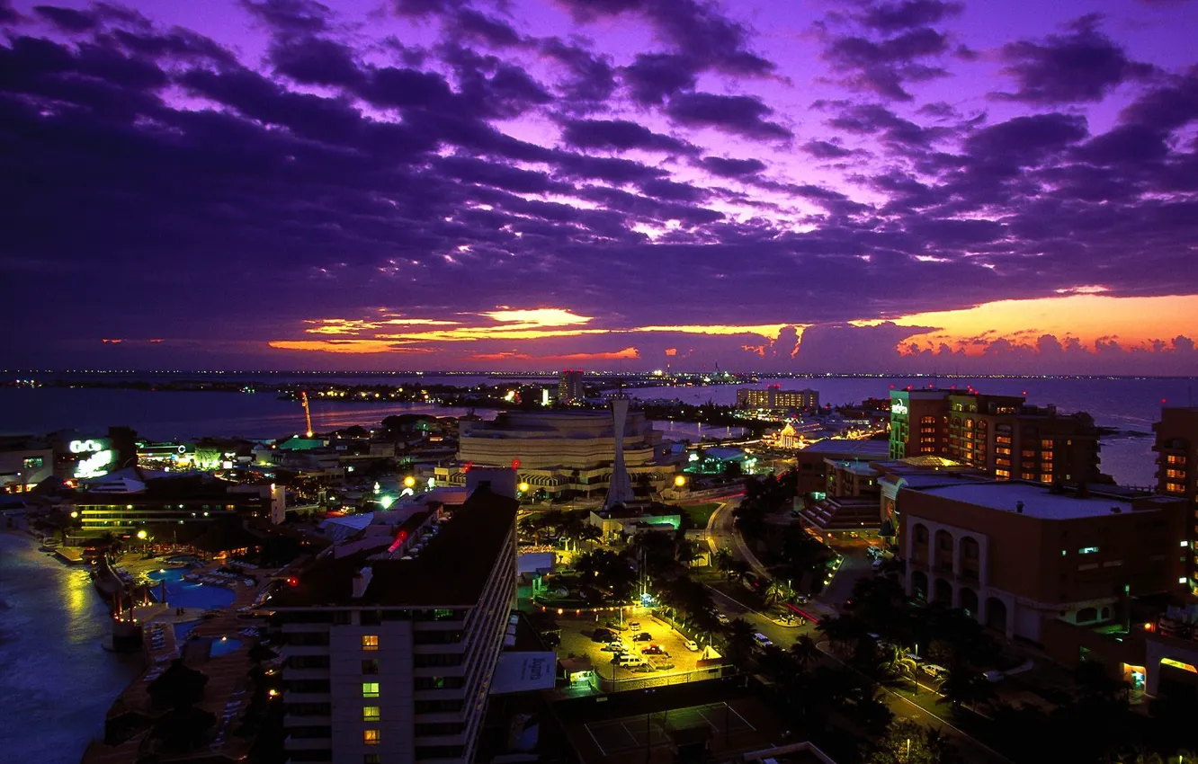 Photo wallpaper sunset, the city, lights, Mexico, night, Mexico, Cancun at Twilight, Cancun