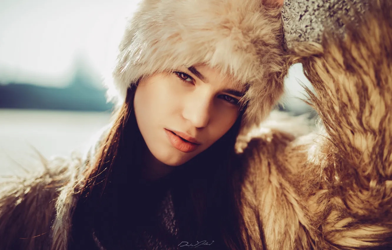 Photo wallpaper winter, look, girl, model, hat, portrait, makeup, scarf