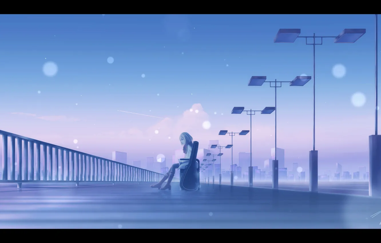 Photo wallpaper girl, bench, the evening