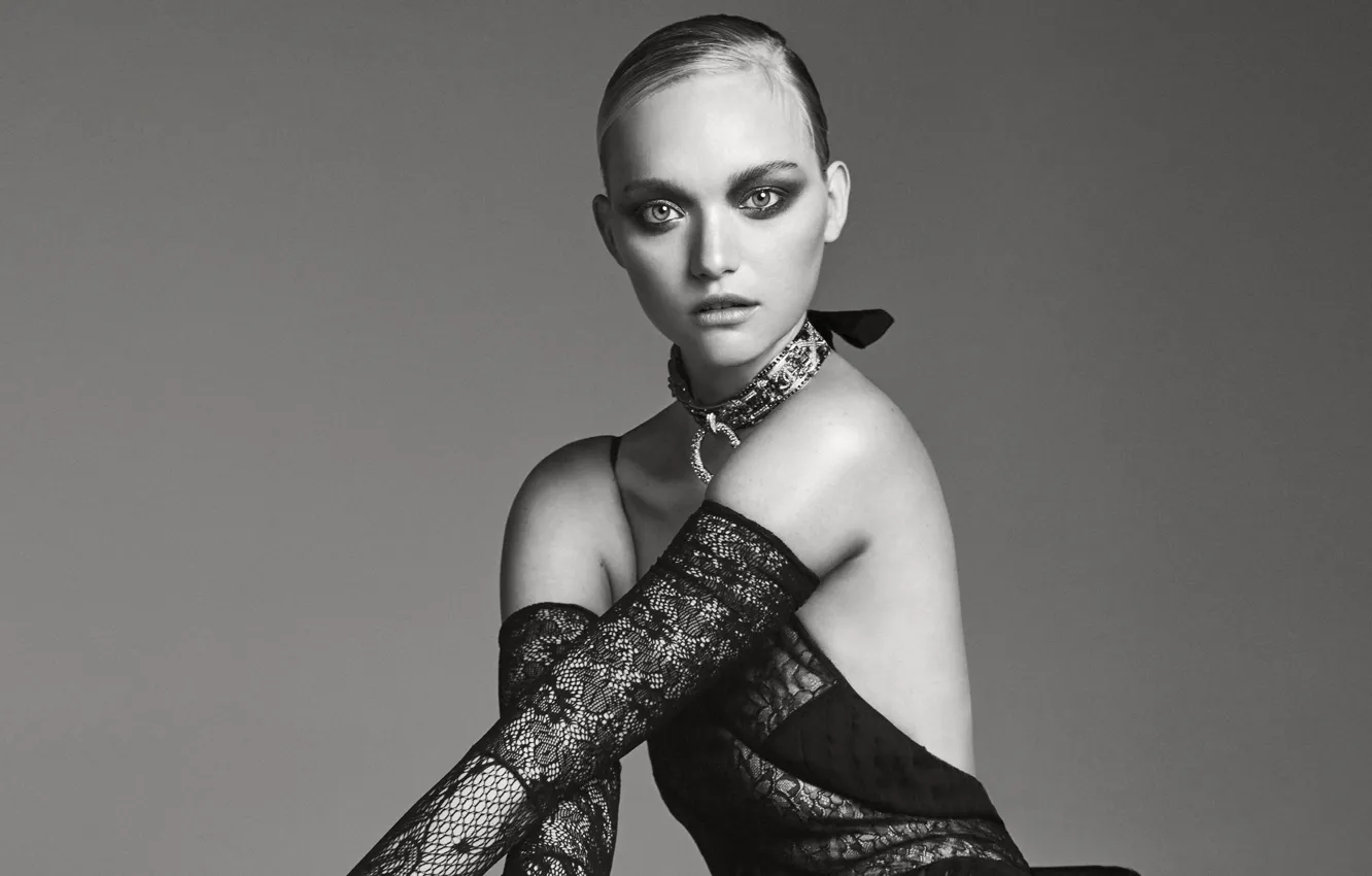 Photo wallpaper pose, background, model, makeup, dress, hairstyle, outfit, black and white