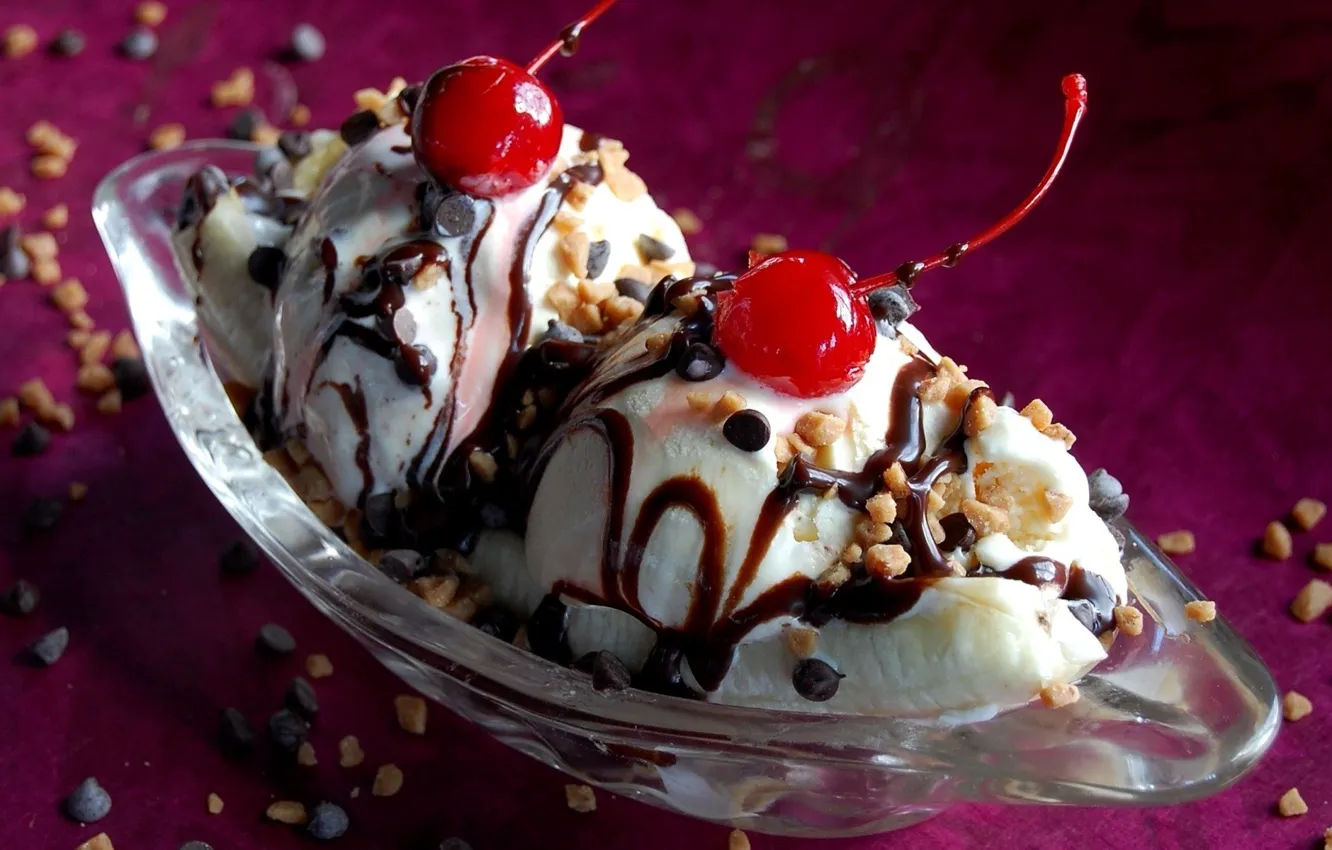 Photo wallpaper cherry, food, chocolate, ice cream, cake, nuts, sweet, delicious