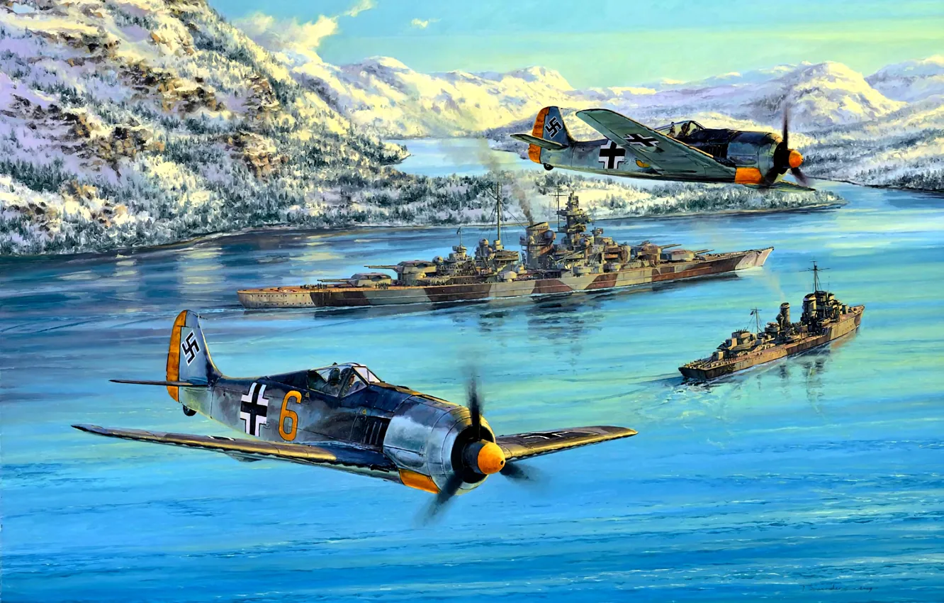 Photo wallpaper Germany, Battleship, Destroyer, Patrol, Fw.190, "Tirpitz", JG5 "Eismeer"