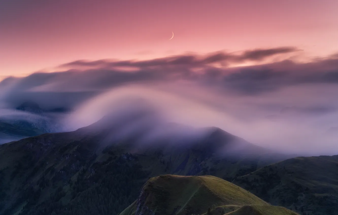 Photo wallpaper mountains, fog, a month, the evening