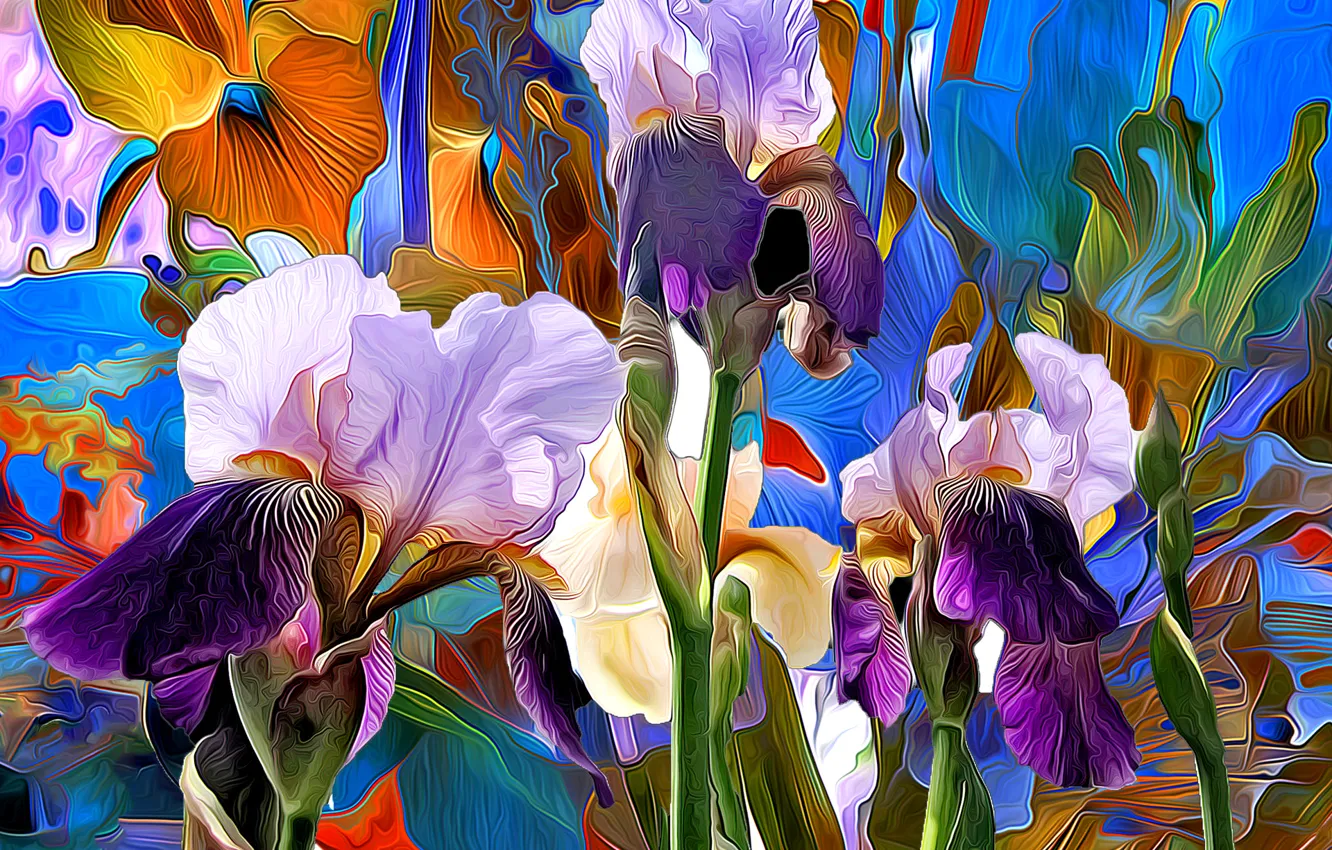 Photo wallpaper line, flowers, rendering, paint, petals, iris