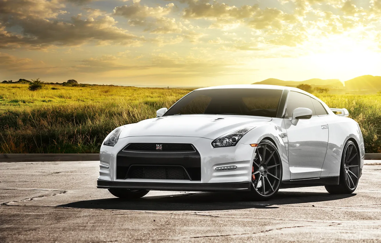 Photo wallpaper field, white, the sun, glare, Nissan, white, GT-R, Nissan