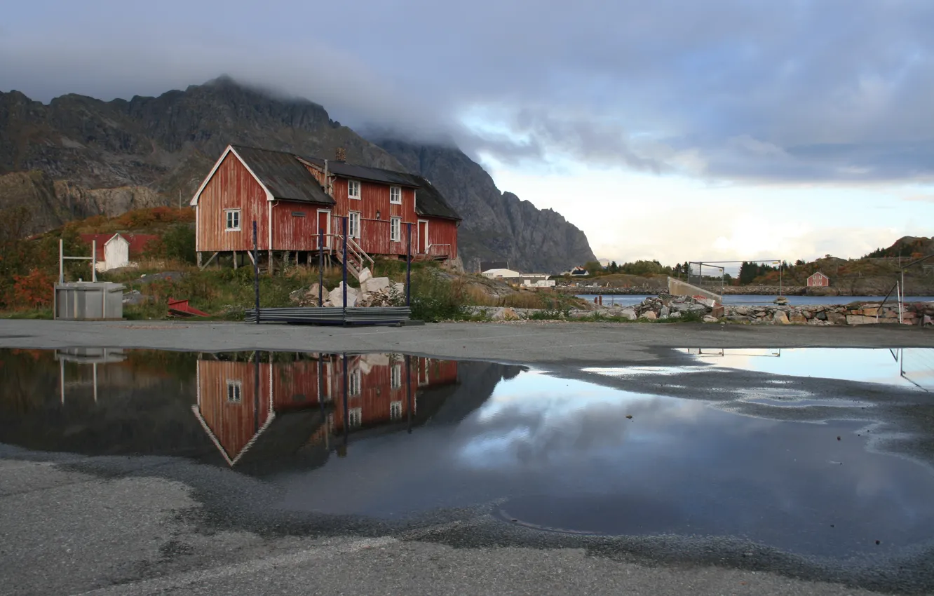 Photo wallpaper clouds, house, Norway, after the rain, puddles, Lofoten