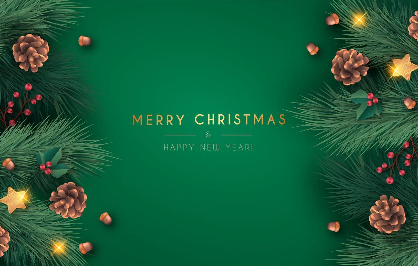 Photo wallpaper new year, Christmas, banner, needles, green background
