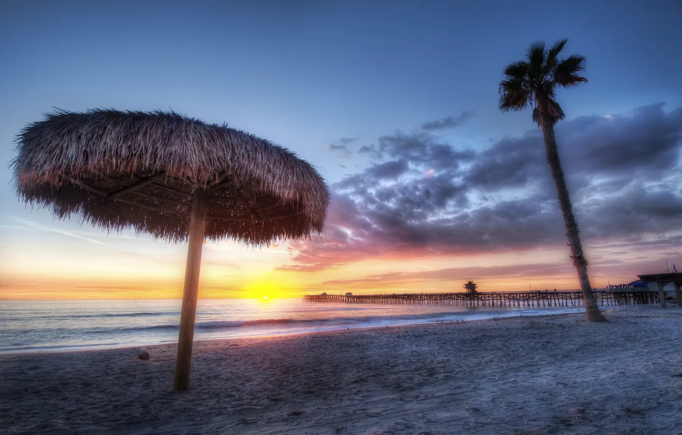 Photo wallpaper beach, sunset, palm trees, shore
