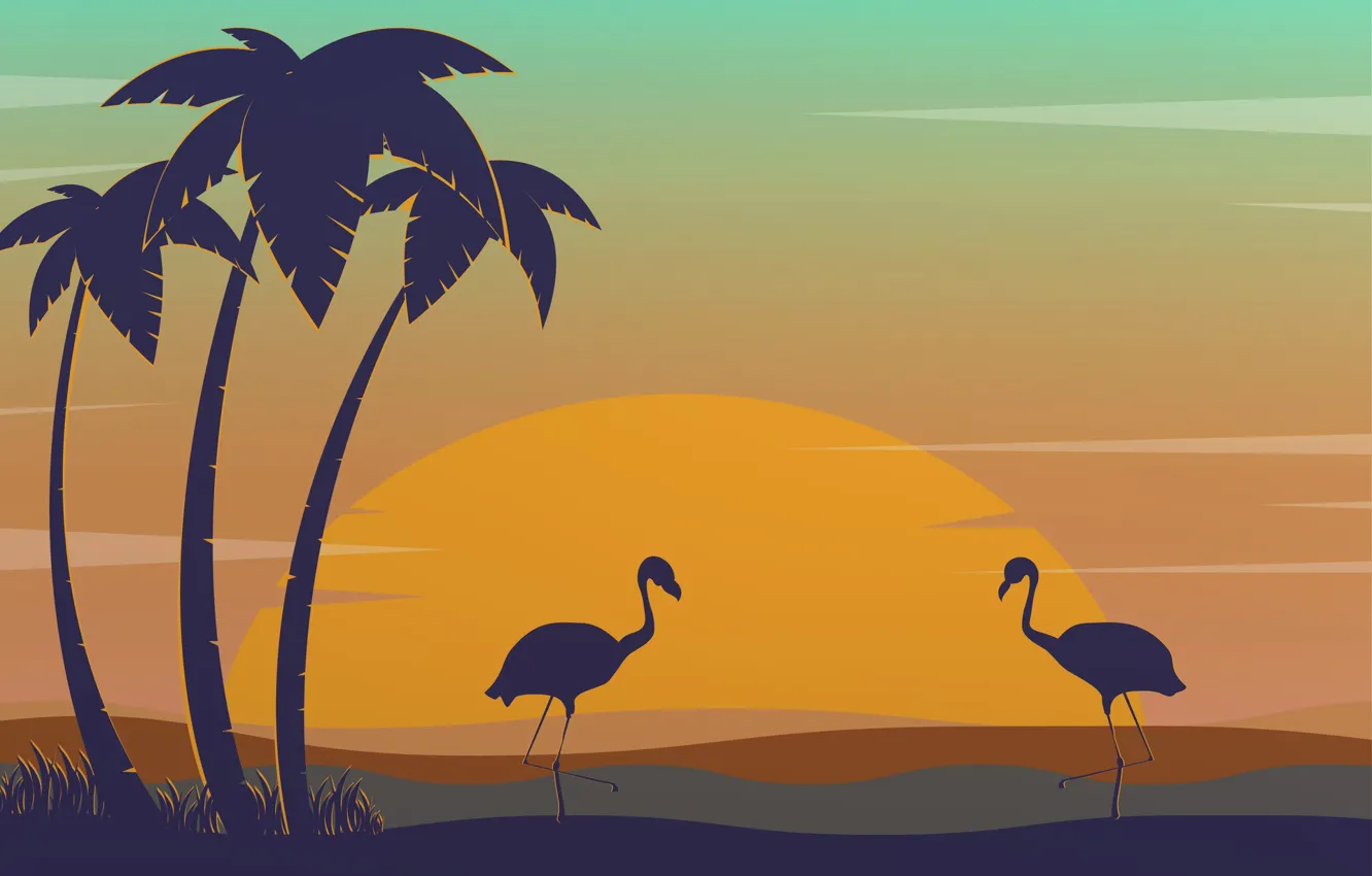 Photo wallpaper Sunset, The sun, Minimalism, Birds, Palm trees, Silhouette, Sunset, Flamingo