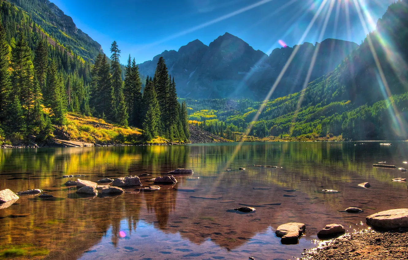 Photo wallpaper forest, trees, mountains, lake, stones, shore, USA, the rays of the sun
