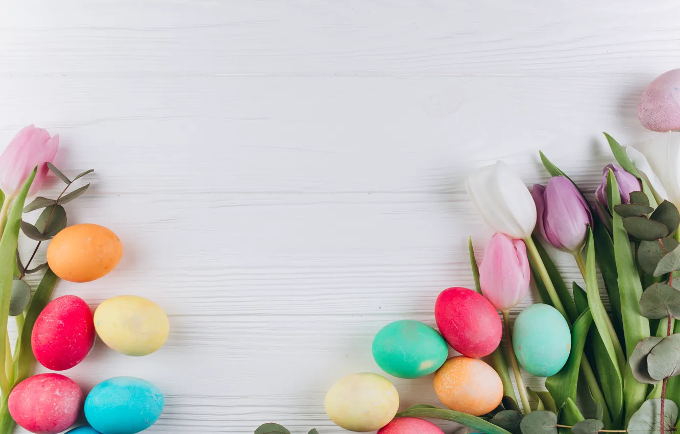 Photo wallpaper flowers, eggs, colorful, Easter, tulips, wood, pink, flowers