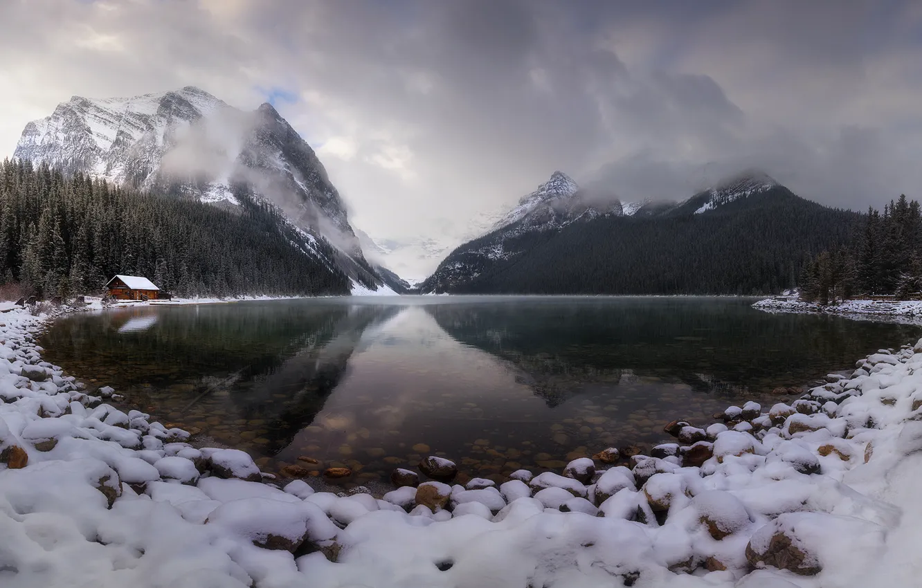 Photo wallpaper winter, frost, forest, clouds, snow, mountains, lake, reflection