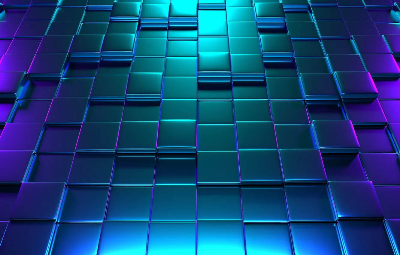 Photo wallpaper cubes, neon light, cubes pattern, neon lighting, shiny surface