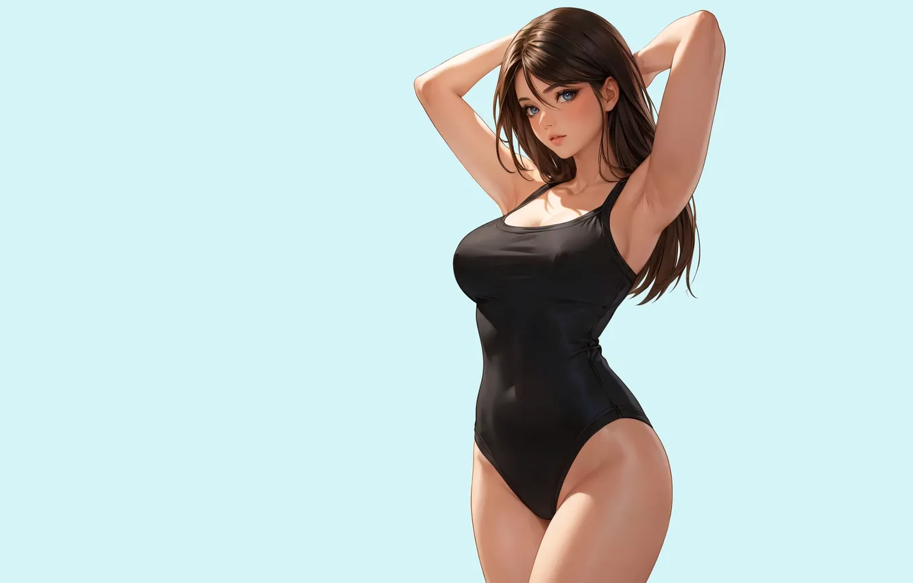 Photo wallpaper girl, hot, sexy, black, brown hair, boobs, sexy girl, anime