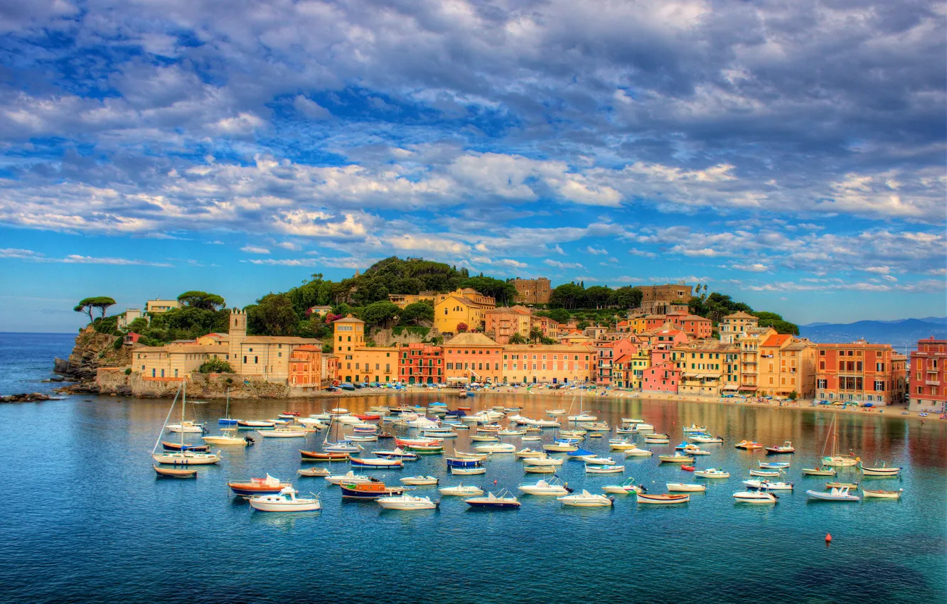 Photo wallpaper the sky, clouds, the city, photo, coast, boat, Italy, Liguria