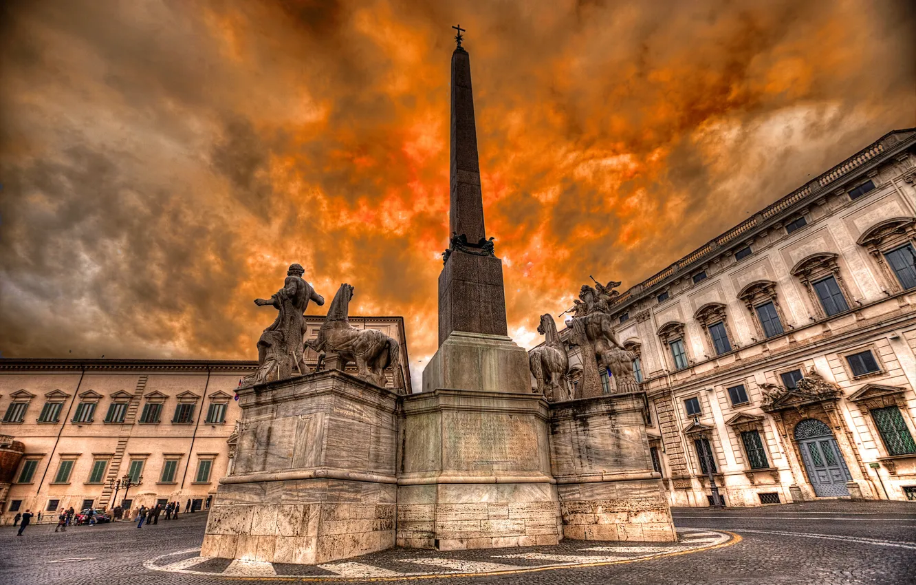 Photo wallpaper the sky, home, Rome, Italy, obelisk, The Quirinal area, fountain of the Dioscuri