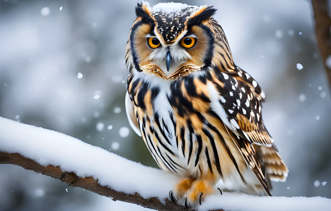 Photo wallpaper bird, snow, look, branch, owl