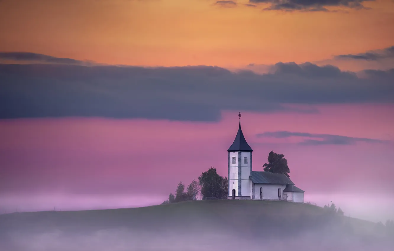 Photo wallpaper misty, twilight, sunset, hill, dusk, Slovenia, foggy, religion
