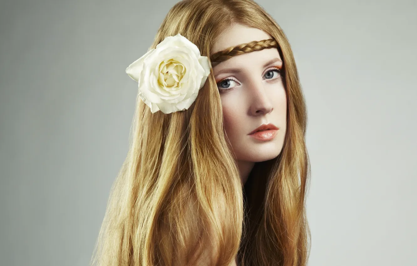 Photo wallpaper flower, look, girl, face, long hair, pigtail, white rose