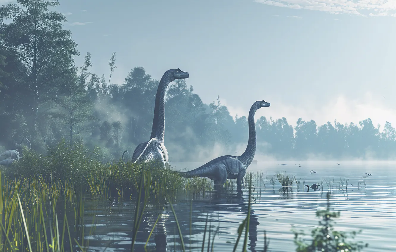 Photo wallpaper grass, water, trees, animal, dinosaur, two, digital art, Ancient animals