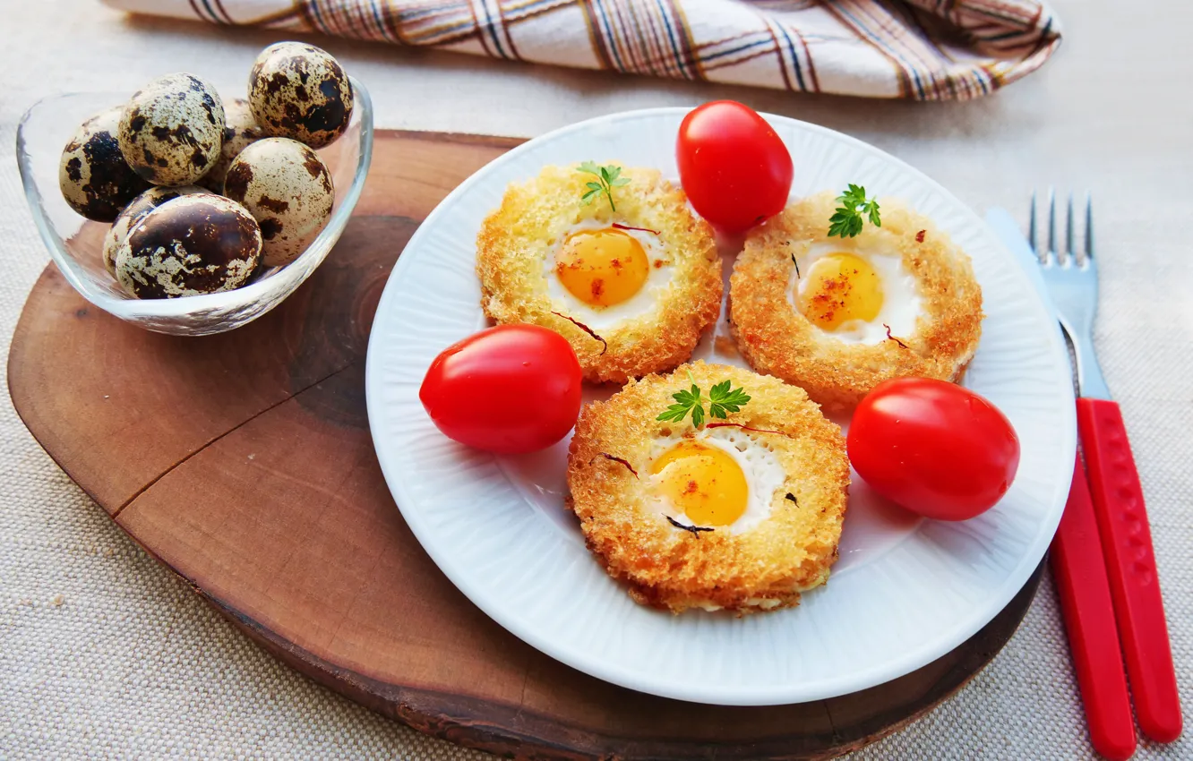 Photo wallpaper food, Breakfast, plate, tomatoes, sandwiches, cutting Board