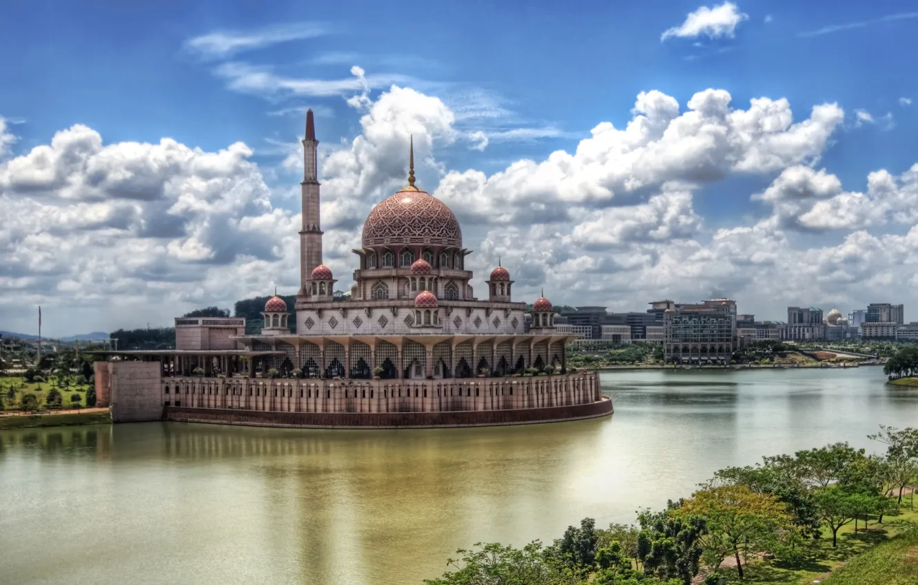 Photo wallpaper landscape, the city, river, mosque, Kuala Lumpur