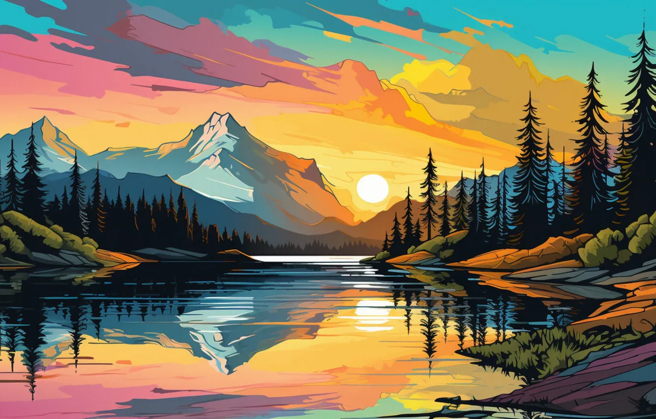 Photo wallpaper forest, the sky, the sun, clouds, landscape, mountains, reflection, shore