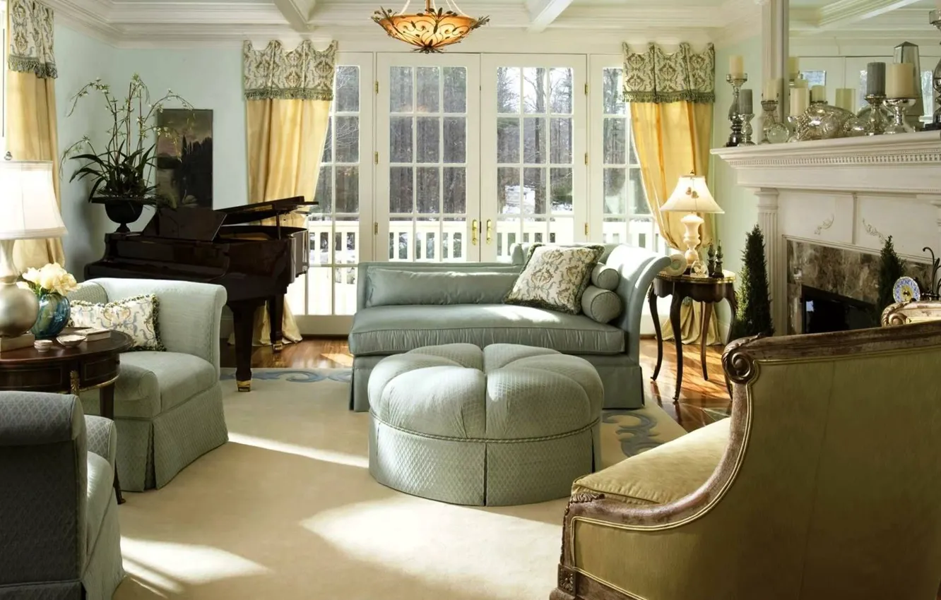 Photo wallpaper luxury, Classic English Style, interior, piano, living room, balcony, fireplace, interior