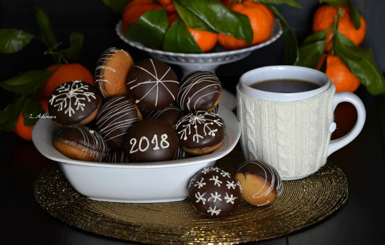 Photo wallpaper coffee, chocolate, cookies, Cup, 2018, tangerines